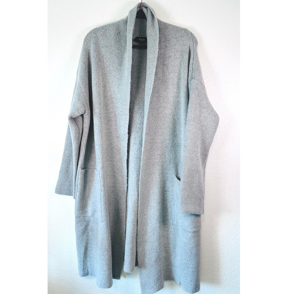 Lounge Cottagecore Duster Grey Longline Open Front Pocket Cardigan Sweater S/M